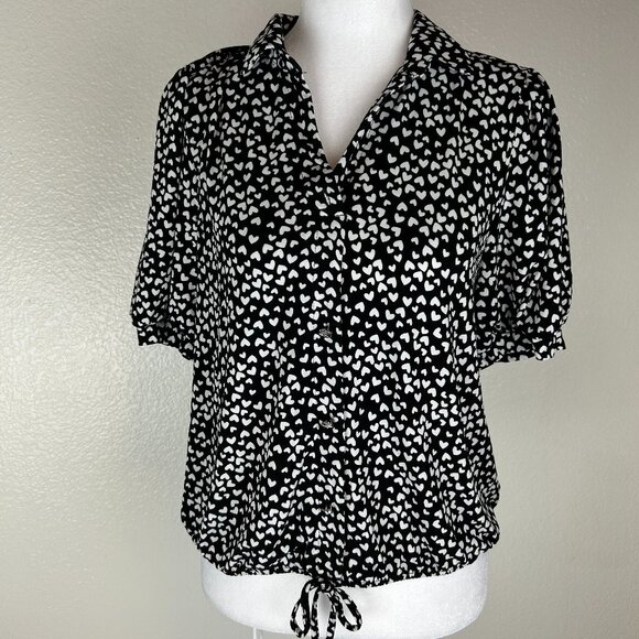 Adrienne Vittadini Blouse Black White Hearts Button Up Small Womens - Picture 1 of 13